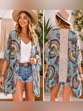 Umgee Boho Kimono Cardigan Lace Back Feather Print Open Front S/M Swim Coverup